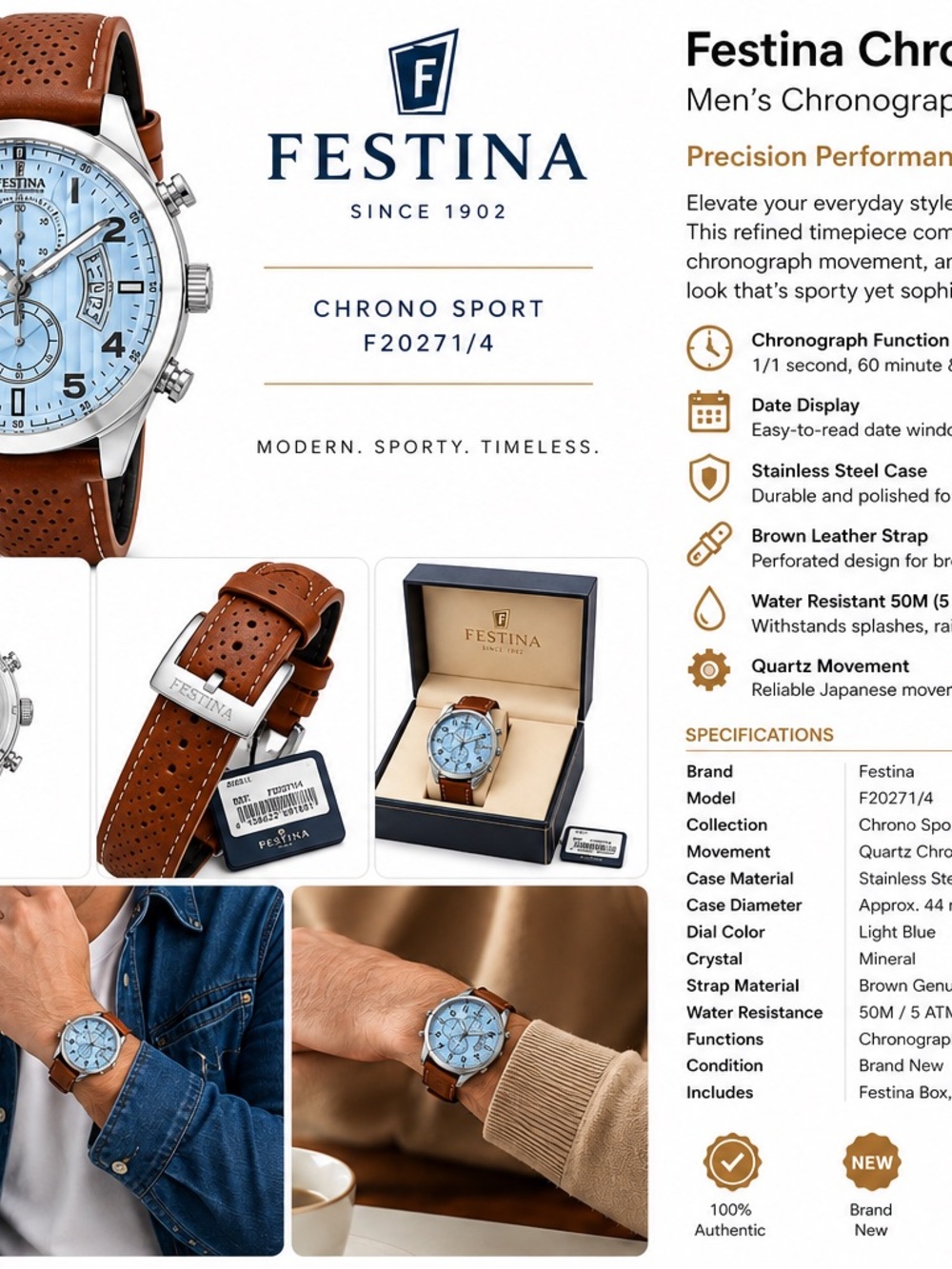 Men’s Chrono Sport Brown Leather Watch with Light Blue Dial